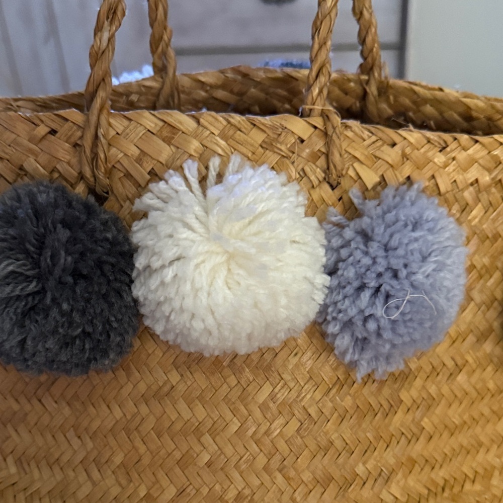 Handcrafted Basket with Pom Pom Accents - Picture 4 of 5